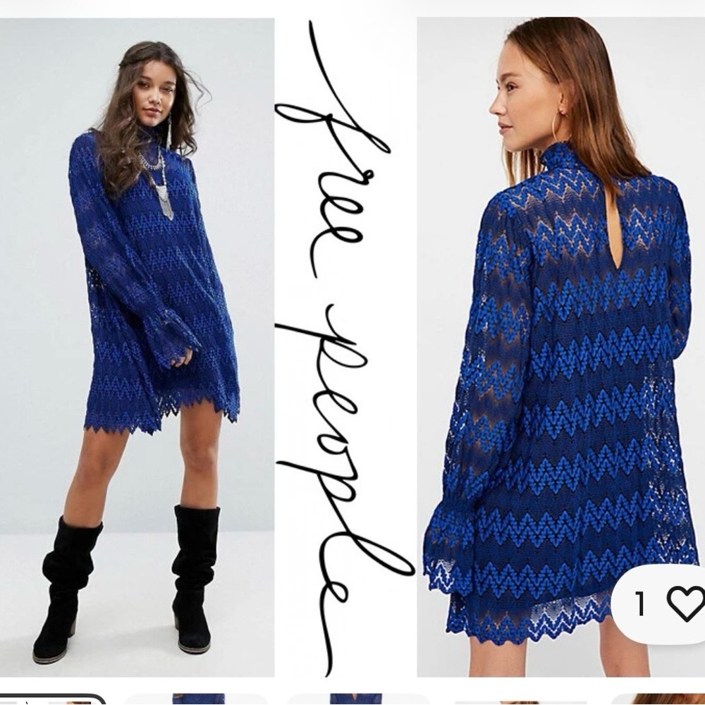 Free People Simone Mock Blue Lace With Bell Sleeves Dress
